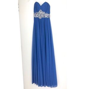 Royal blue floor length prom dress crystals